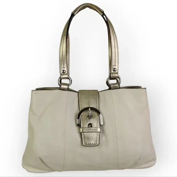 VTG COACH PEARL OFF WHITE GOLD GENUINE LEATHER SHOULDER BAG HANDBAG PURSE TOTE - Picture 2 of 13